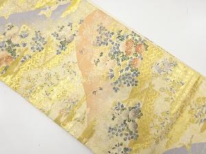 山並に鶴・花模様織り出し　袋帯